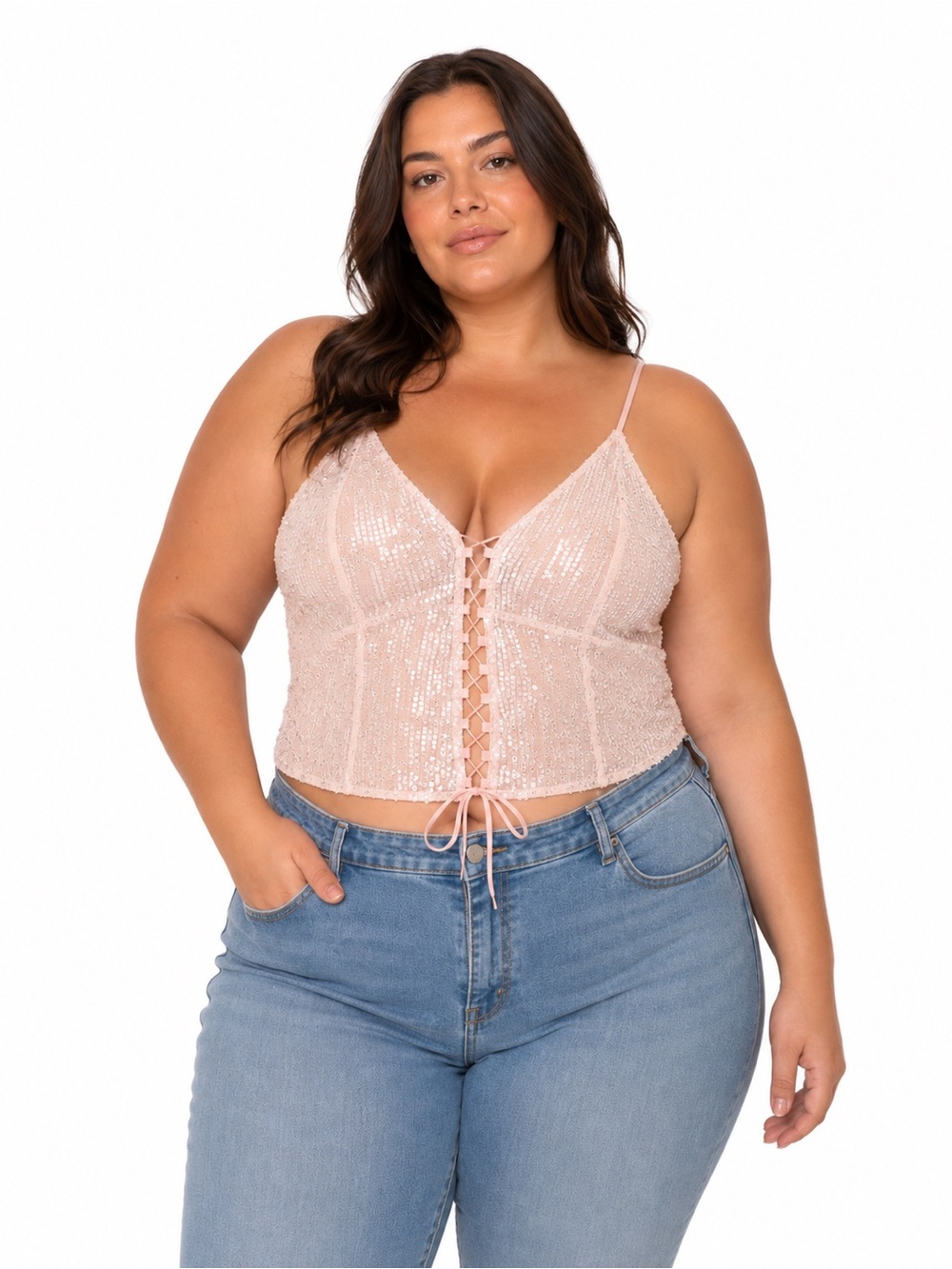 White Fox Boutique NWT Lace-Up Sequin Cami - Blush